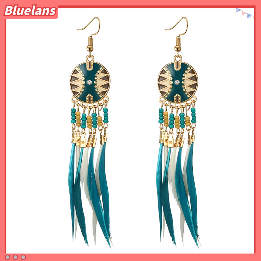 Anting Kait Gantung Desain Bulat Hollow Hias Rumbai Bulu Gaya Eksotik Untuk Wanita