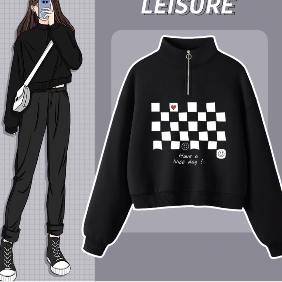 Model Terkini MSAFK (IC) CATUR SWEATER CROPE ZIPPER RING HAVE A NICE DAY SWEATER TURTLENECK GAYA KOR