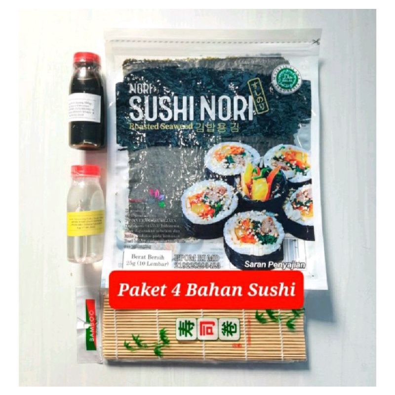 

Paket bahan sushi tipe 4 nori java sakao cuka bambu shoyu dried seaweed dan vinegar soy termurah promo