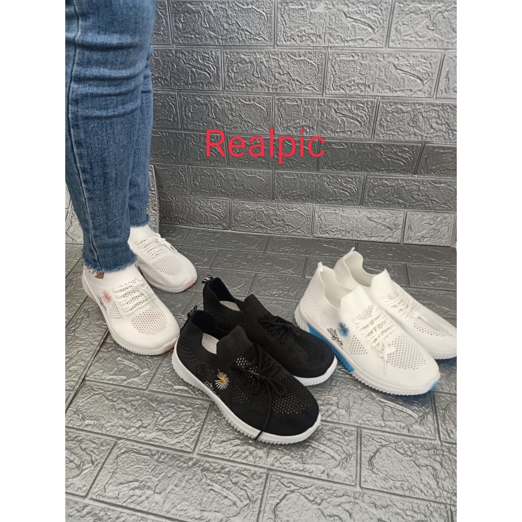 ☀ Sunly ☀ SP031(Tanpa Kotak) Sepatu Sneakers Wanita Putih Hitam Motif Bunga Sporty Model Korea Fashion Casual Sport Olahraga Import