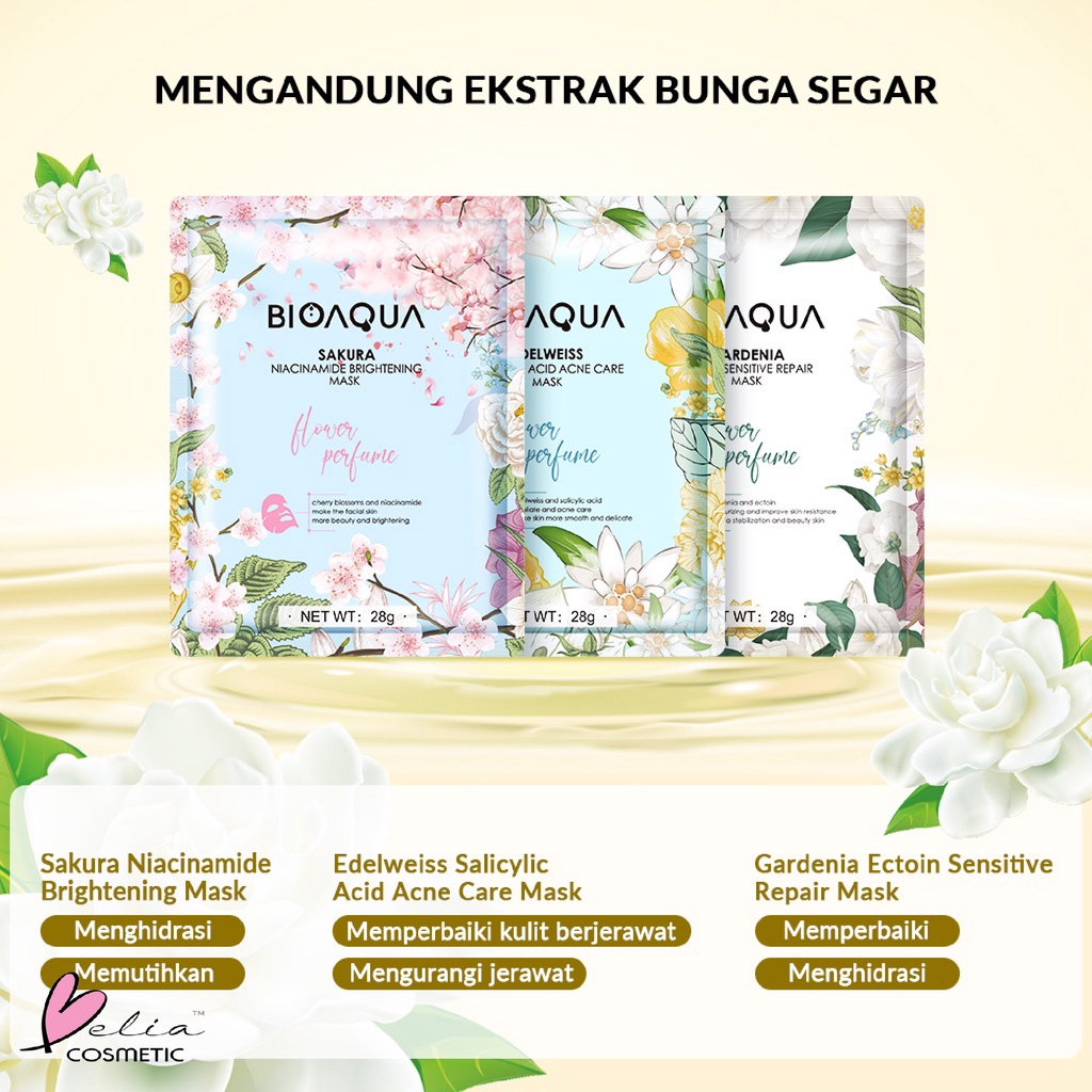 ❤ BELIA ❤ BIOAQUA Sheet Mask Masker Wajah Flowers Series (28g/pcs) Hydrating Essence Face Mask Brightening dan Anti Acne | BPOM