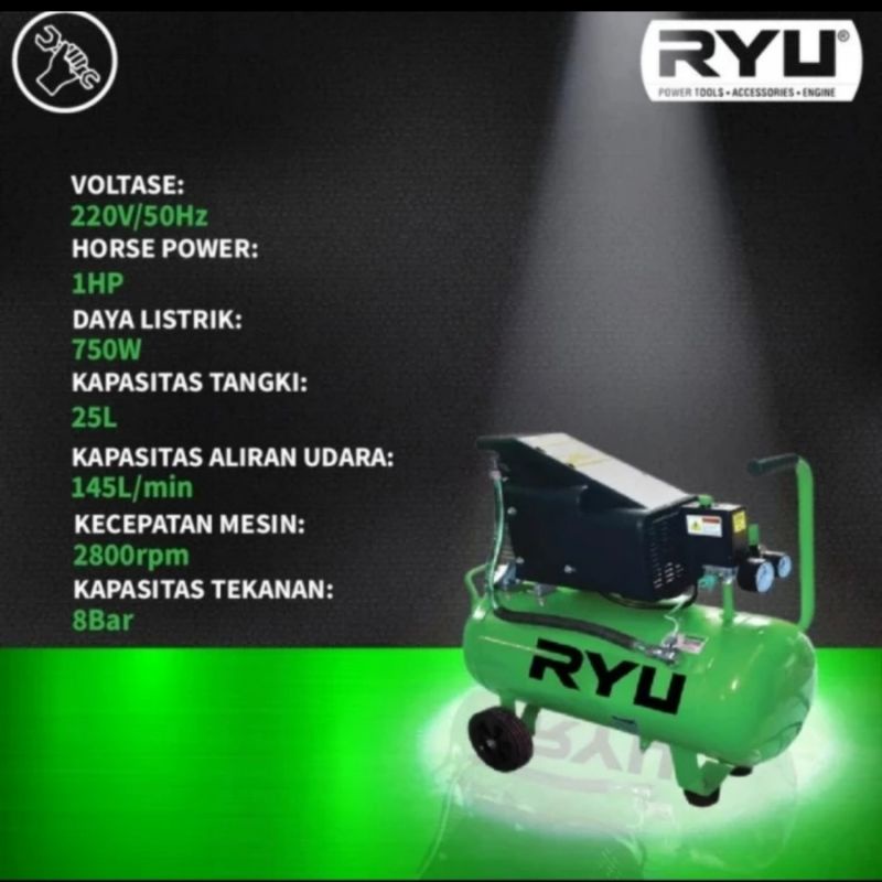 mesin kompresor listrik RYU 1hp RCP 100-1 / kompresor angin RYU 1hp 25liter