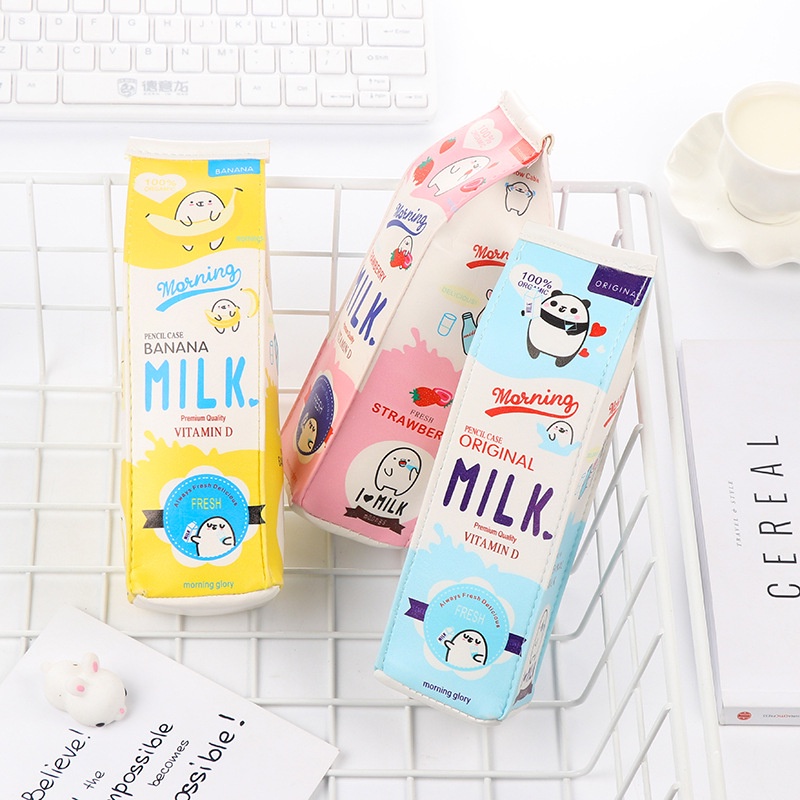 

Cartoon Milk bottle school pencil case cute PU pen bag storage pouch Korea Stationery material offic