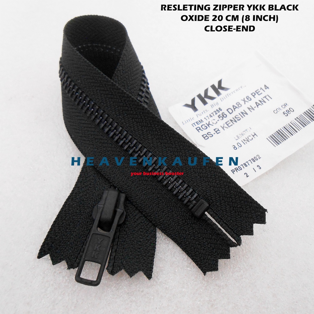 Resleting Zipper YKK Hitam Black Oxide 20 cm Atau 8 inch Type Gigi Besi Metal Set Close-End