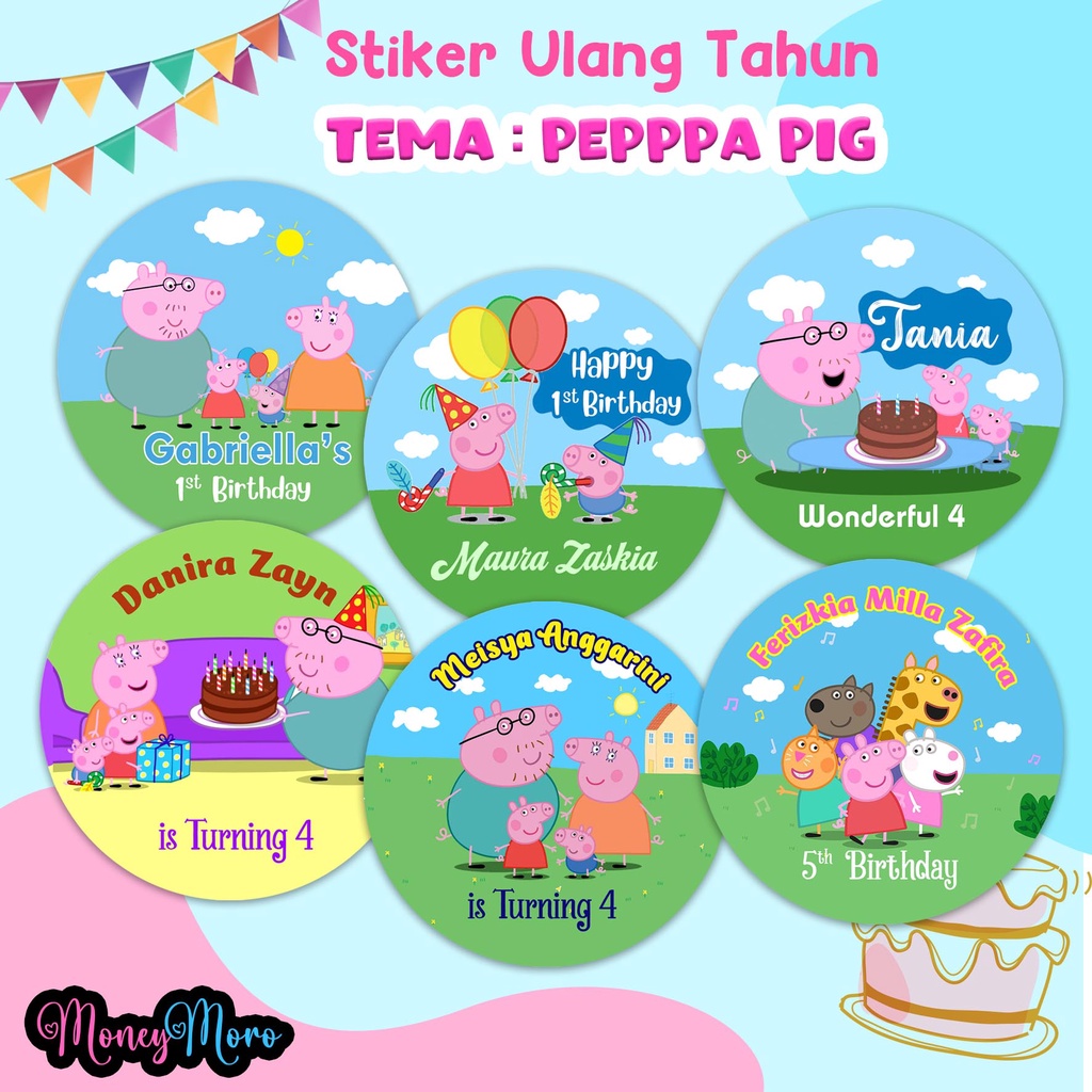 

MoneyMoro Stiker Bulat Custom Peppa Pig / Label Birthday Ulang Tahun Anak / Stiker Label Ultah Custom