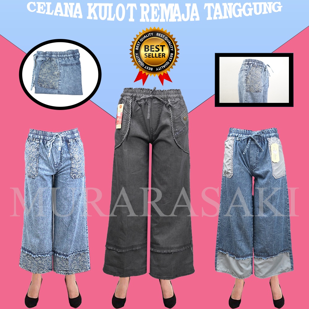 Celana Kulot Jeans Remaja Tanggung Wanita,  Kulot Perempuan Remaja Tanggung Pinggang Karet Setara 12