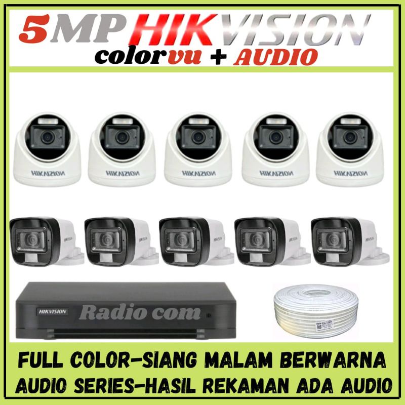 PAKET CCTV HIKVISION COLORVU 5MP 16 CHANNEL 10 KAMERA AUDIO FULL COLOR