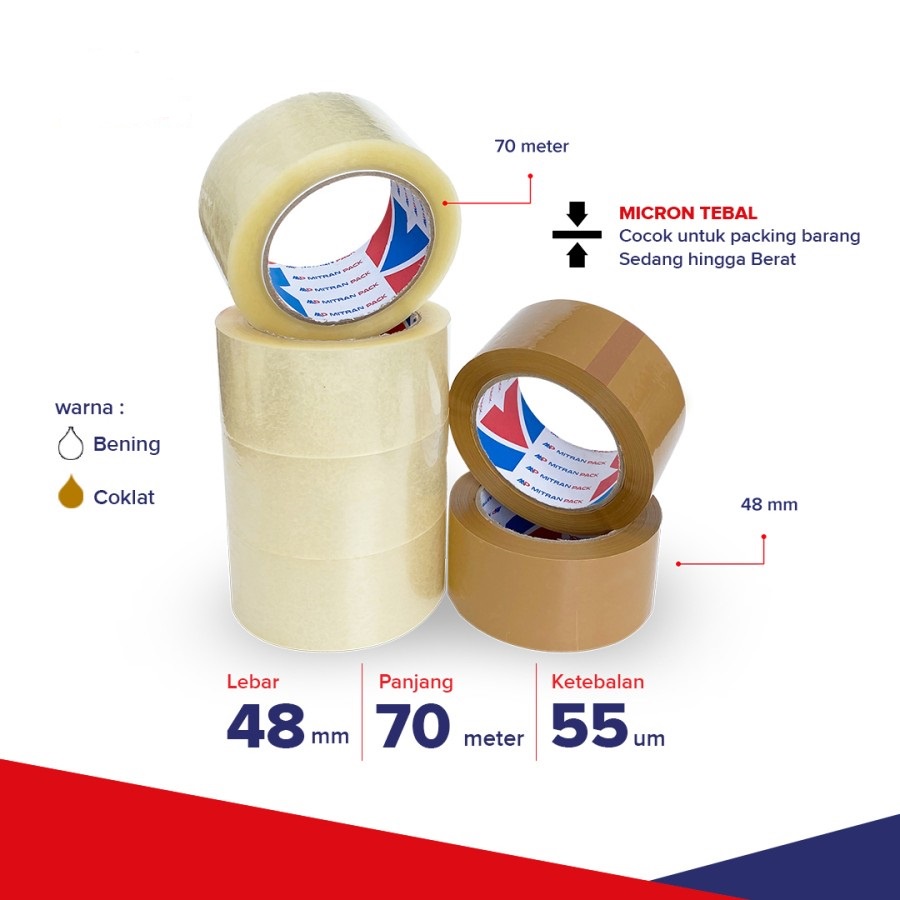 

Lakban Bening 55 micron x 70 meter x 48 mm Mitran Pack - Bening
