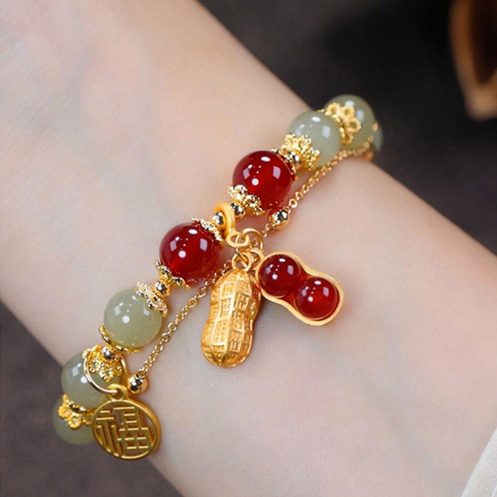 REBUY Rebuy Unisex Gelang Wanita Pasangan Hadiah Double Layer Gelang Karakter Keberuntungan Cina Warna Emas Rantai Niche Desain Manik-Manik Kaca Gelang Giok Imitasi