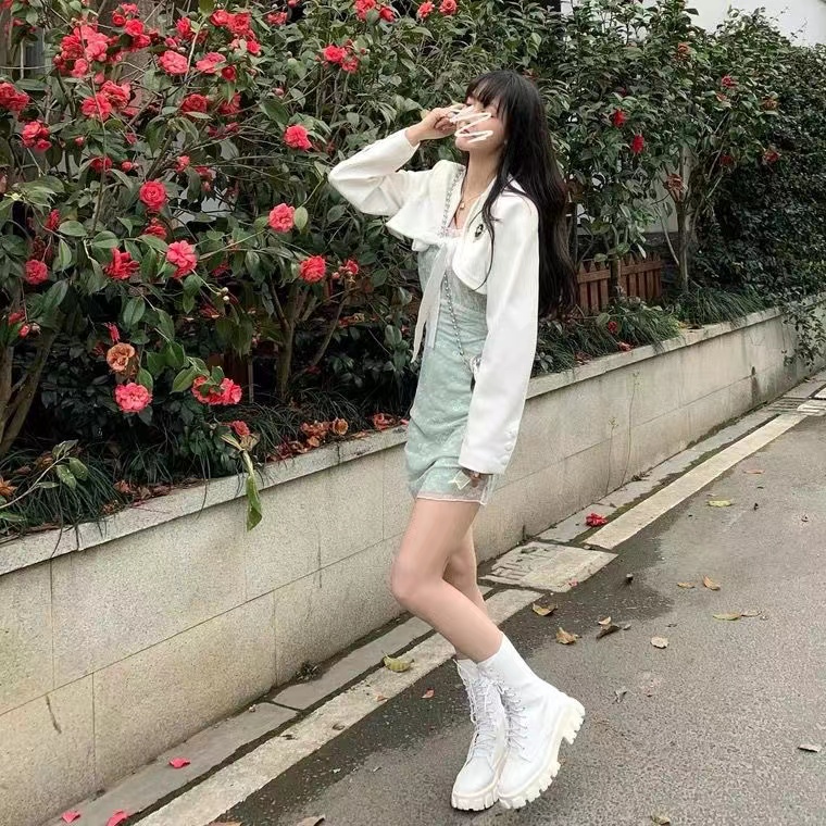 NICO##BAHASA PERANCIS DESAIN TALI RASA ROMPI PENDEK PERAPI JAKET ATASAN TWO PIECE SHORT SLEEVED DRESS  IMPORT MULAN OVERLAY MINI SUIT DRESS