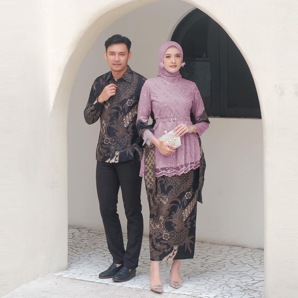 SET KEBAYA BATIK COUPLE SOLO Batik Kebaya Couple Tunangan Couple Fayra Tulle Mutiara / Kebaya Wisuda/ Kebaya Kondangan/ kebaya Engagement