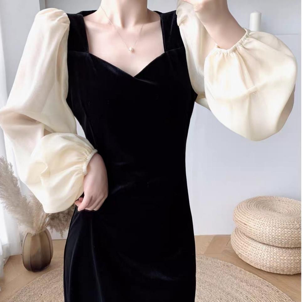 Terlaris.. Dress Hitam Import Enzisme hitam Korean Dress Lengan Panjang Black Dress Pesta Kondangan 