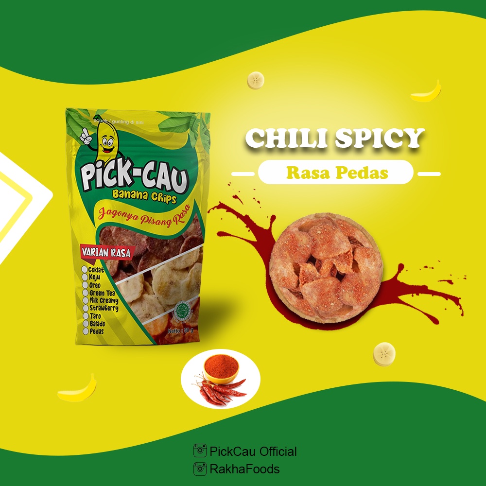 

Keripik pisang Pick-Cau Banana Chips Chili Spicy - Keripik Pisang rasa Pedas Bumbu Tebal gurih dan Renyah 80gram