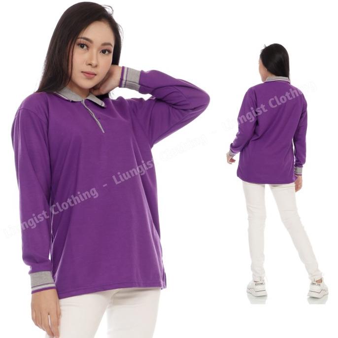 Kaos Polo Panjang Ungu Tua kerah Abu / Kaos Kerah Panjang