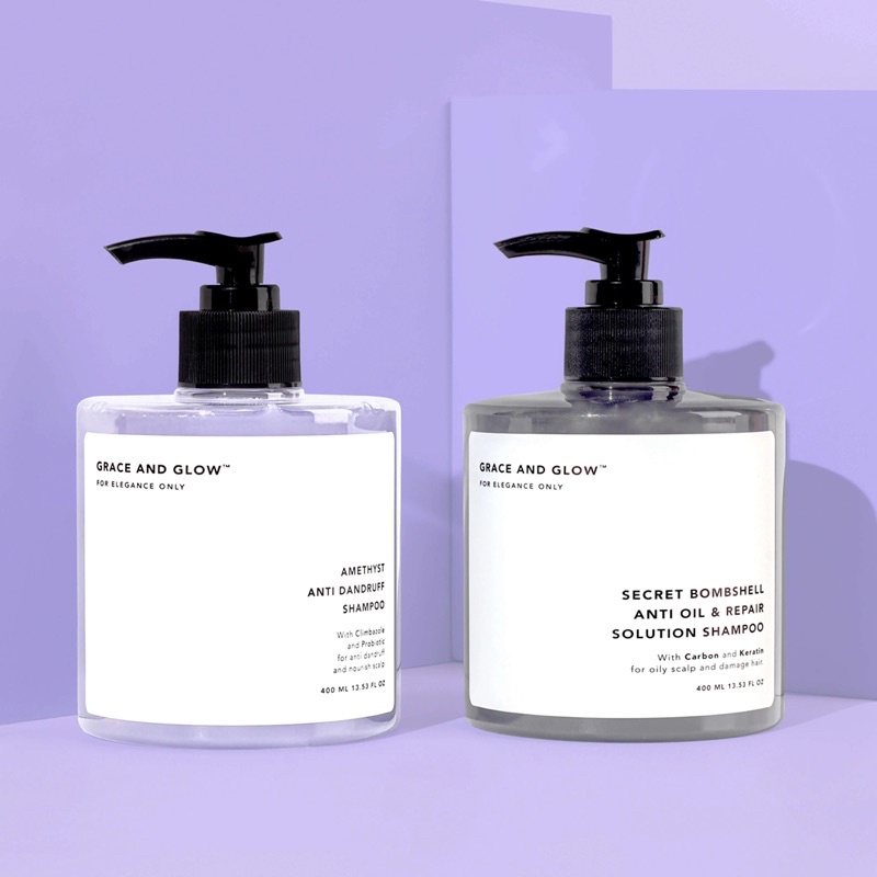 MANADO GRACE AND GLOW SHAMPOO AMETHYST ANTI DANDRUFF BOMBSHELL ANTI OIL AND REPAIR SOLUTION