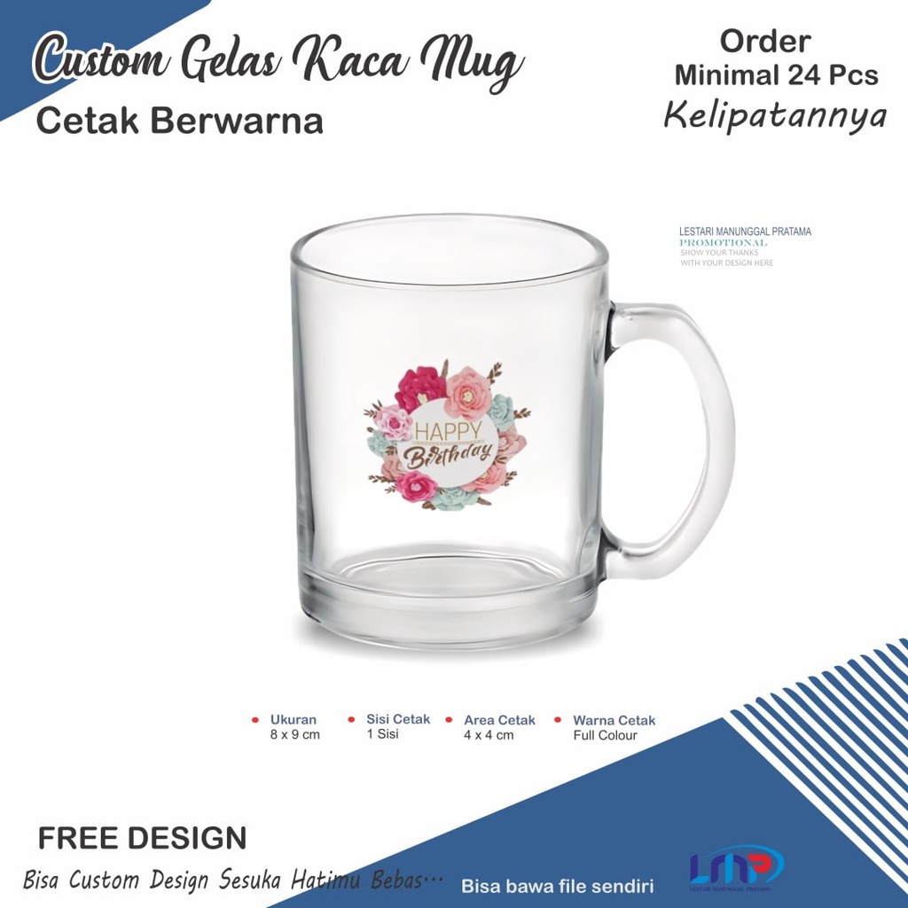 Souvenir Gelas Gagang Kaca Bening T9 Cetak Full Colour (nocode6) / custom gelas mug kaca cetak berwa