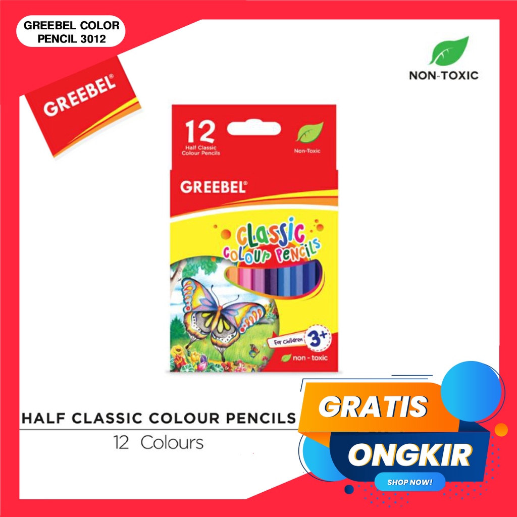 PENSIL WARNA / WARNA CERAH / BAHAN KUAT GREEBEL / GREEBEL COLOR PENCIL 3012 (HEX 12 WARNA)