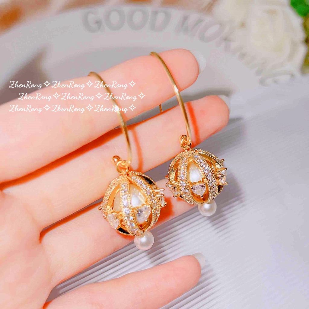 Goldkingdom Perhiasan Fashion Emas Asli Kadar 375 Bangkok Aksesoris Ready Stock French Fleksibel Rotary Full Diamond Kuping Cahaya Mewah Lentera Zirkon Anting Mutiara