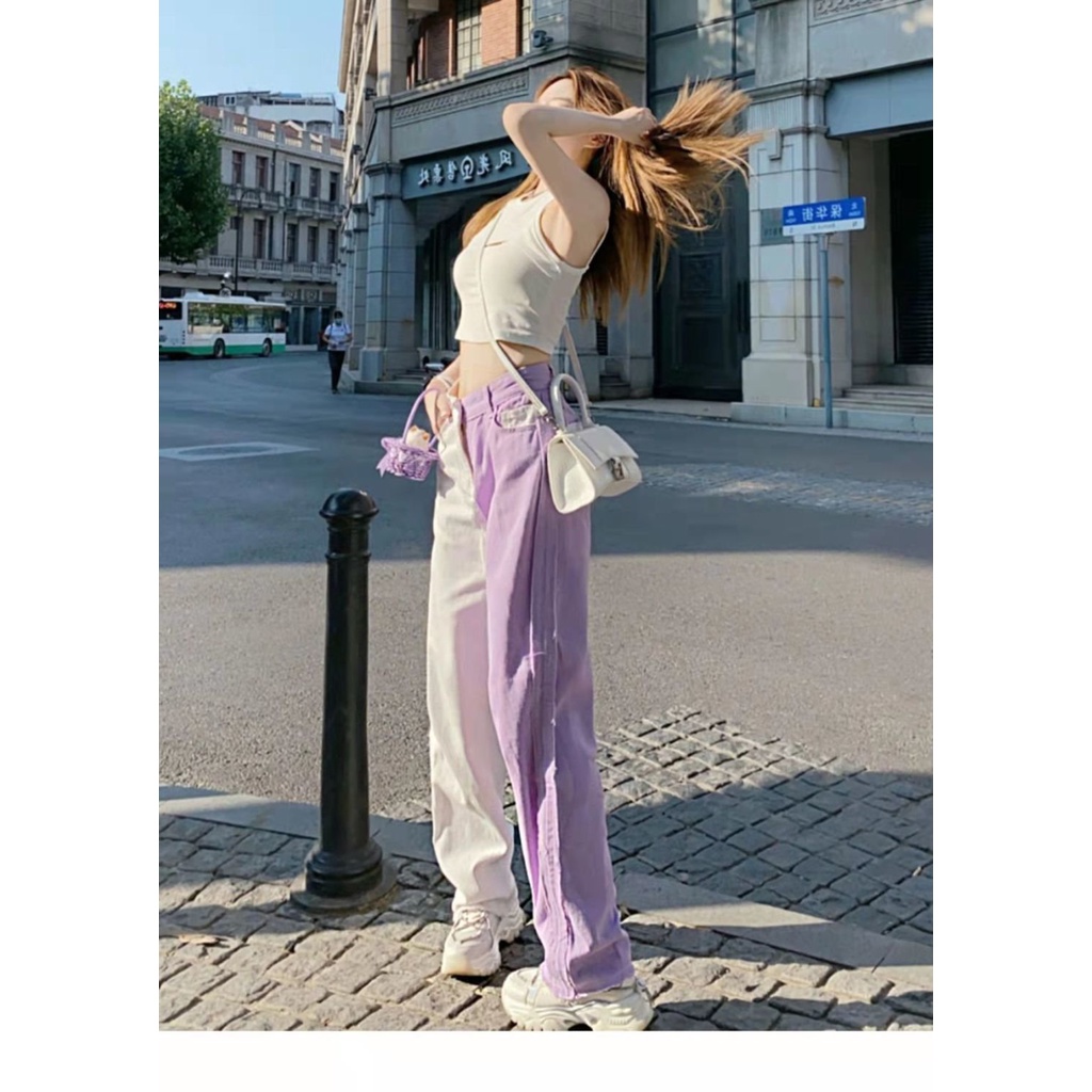 American high street hot girl ungu dan putih musim panas jahitan desain jins celana ceruk wanita sem