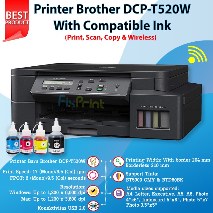 Printer Brother DCP-T520W DCP T520W WiFi Print Scan Copy A4 Wireless Nirkabel With LCD Panel Tinta D60 Black BT5000 Cyan Magenta Yellow