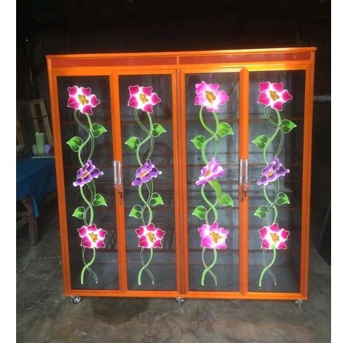 Lemari Rak Piring Kaca Aluminium 4 Pintu Manohara