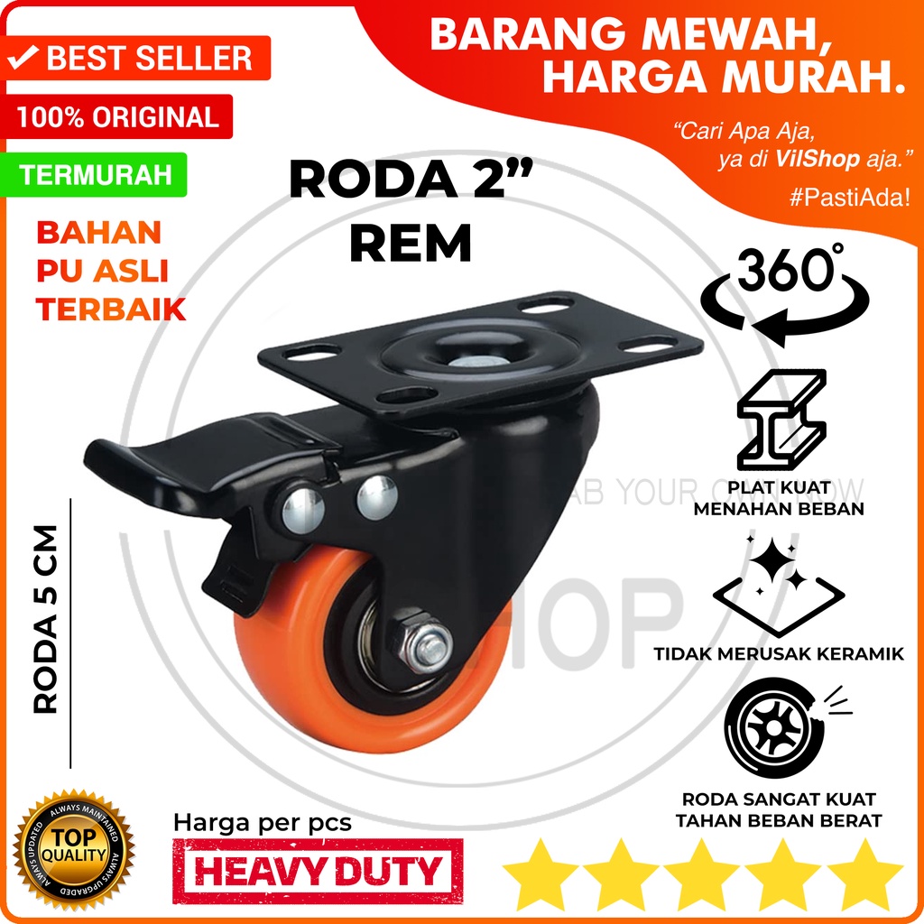 RODA ETALASE REM 2 INCH 5 CM PREMIUM PU POLYURETHANE ORANGE CASTER WHEEL RODA STEALING STELING ETALA
