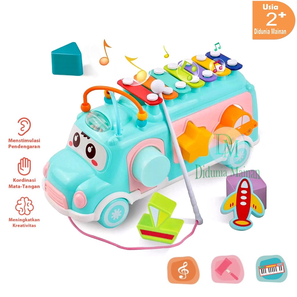 Mainan edukasi anak mobil mobilan bus musik xylophone puzzle block alat music kolintang 3 in 1