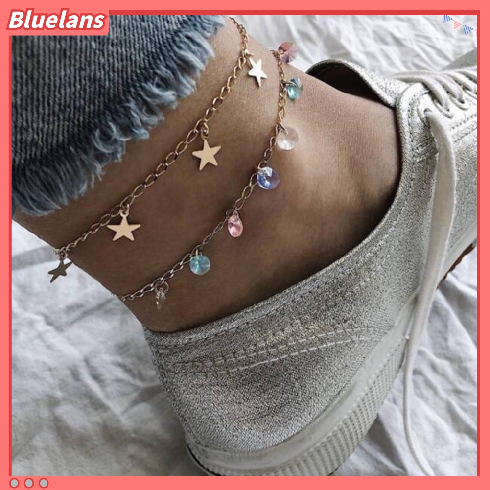 2pcs / Set Gelang Kaki Berlian Imitasi Warna-Warni Gaya Boho Untuk Wanita