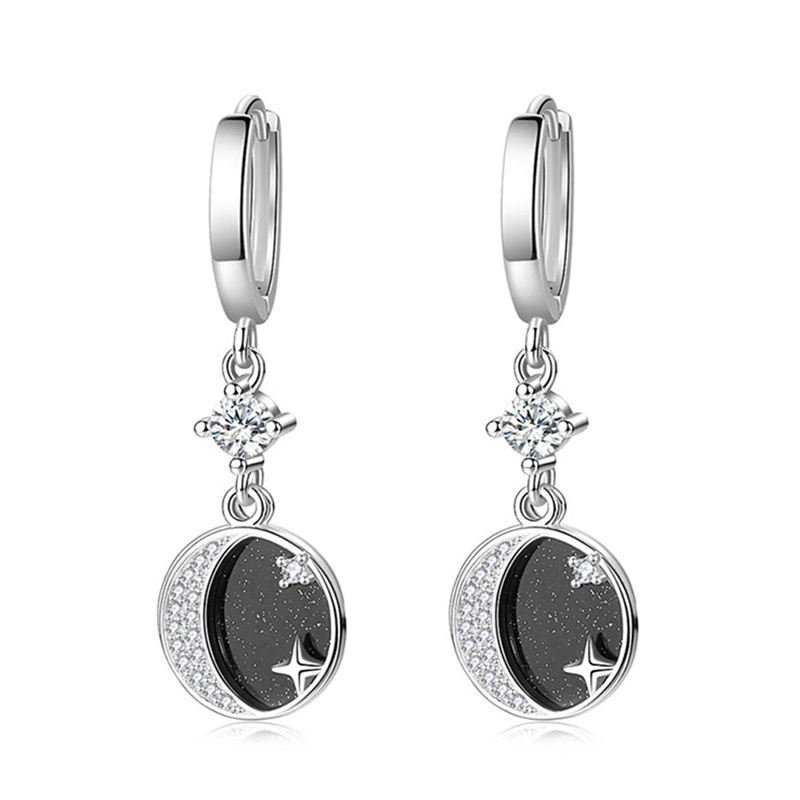 Anting Gantung Sterling Silver 925 Model Bulan + Bintang Hias Kristal Vintage Untuk Wanita