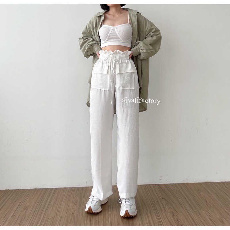 Hanna Pants - Celana Kulot Highwaist Crinkle Double Pocket - Celana Wanita - Cullote Pants - Celana Pinggang Karet - SJJ / Laura Pants