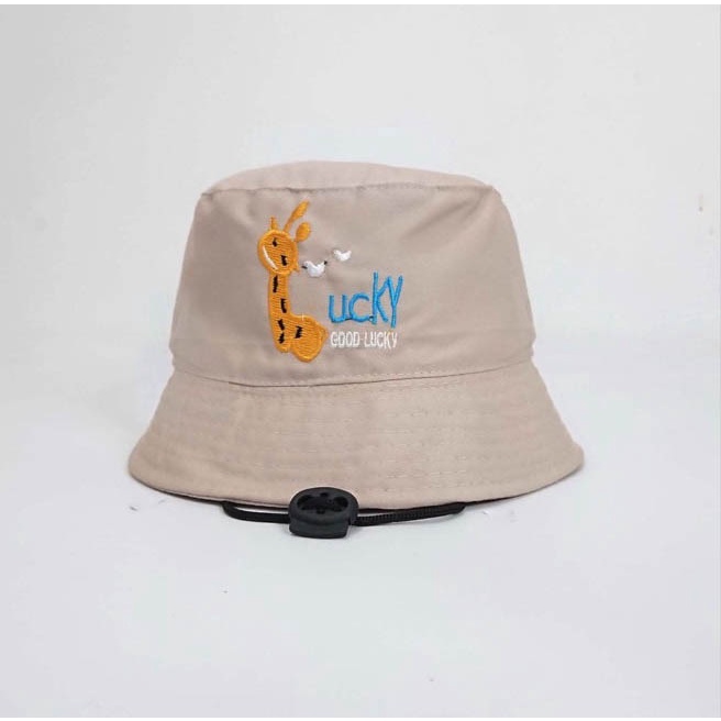 Topi Bucket Anak Motif Jerapah Bordir Good Lucky Unisex Pakai Tali