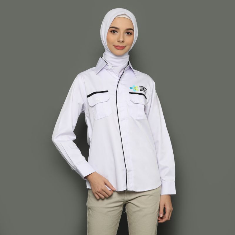 ✅ Seragam kemenkes Putih liss navy, seragam harian kementerian kesehatan putih liss hitam, seragam p