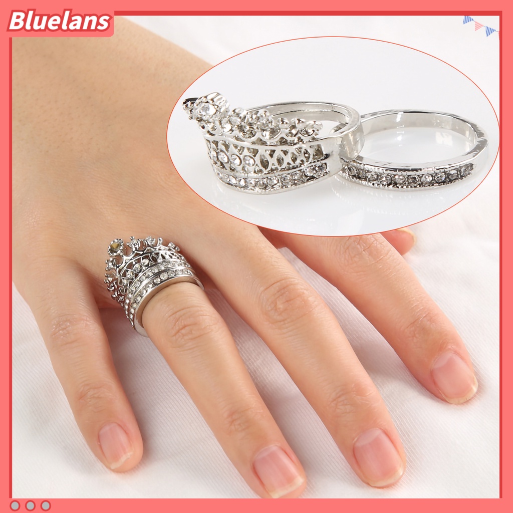 Bluelans 2Pcs / Set Cincin Bentuk Mahkota Aksen Berlian Imitasi Bahan Alloy Untuk Wanita