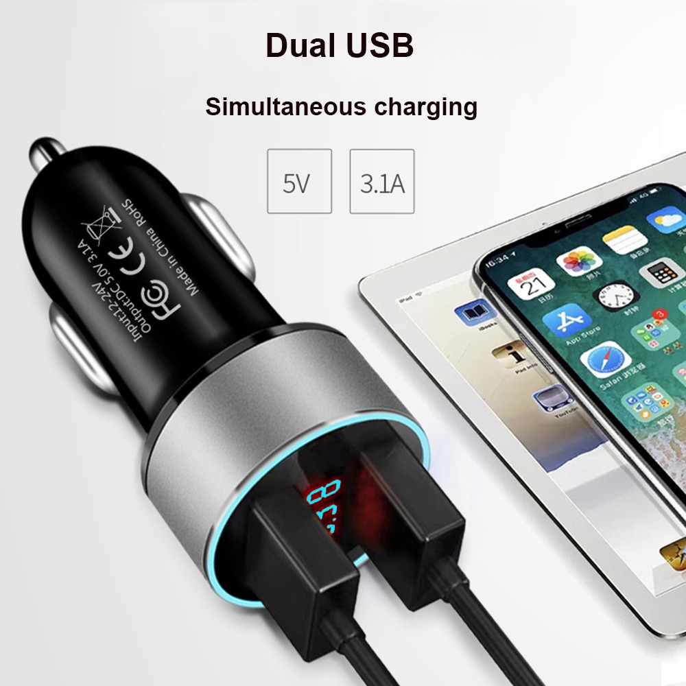 TRIPLEDI Car Charger Quick Charge 3.0 3.1A 2 Port USB QC Fast Charging Casan Mobil Hp 66W Max LED Digital Display Pengisi Daya Ponsel Cas Adapter Handphone IOS Android-4