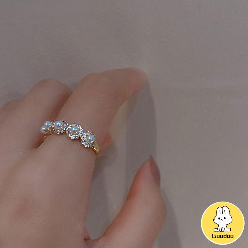 Double-layer Retro Pearl Diamond Ring Niche Light Desain Mewah Cincin Dapat Disesuaikan Terbuka -Doo