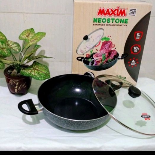 Maxim Deep wok / wajan ceramic  neostone tutup kaca