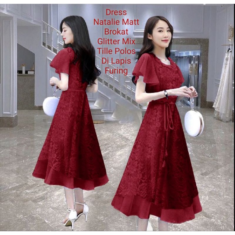 Dress Wanita Midi Model Terbaru Matt Brokat/Dress Natalie Size L-XL-XXL Dress Pesta Dan Acara Natalan Wanita Kekinian Viral