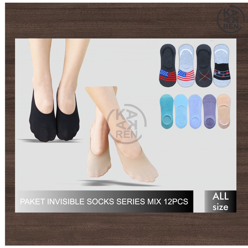 Kakaren Paket Kaos Kaki Pendek Hidden Socks / Invisible Socks Mix 12pc