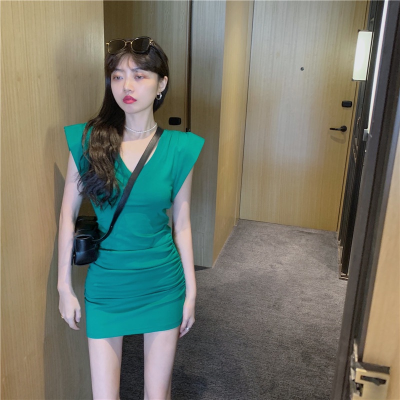 Korean Mini Dress V-neck Bodycon Lengan Pendek 1497 (S-XL)