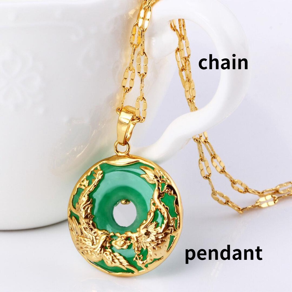 Goldkingdom Fashion Perhiasan Emas Asli Kadar 375 Bangkok Aksesoris Ready Stock Mendominasi Kalsedon Hijau Liontin Perempuan Naga Dan Phoenix Chengxiang Emas Bertatahkan Giok Kalung