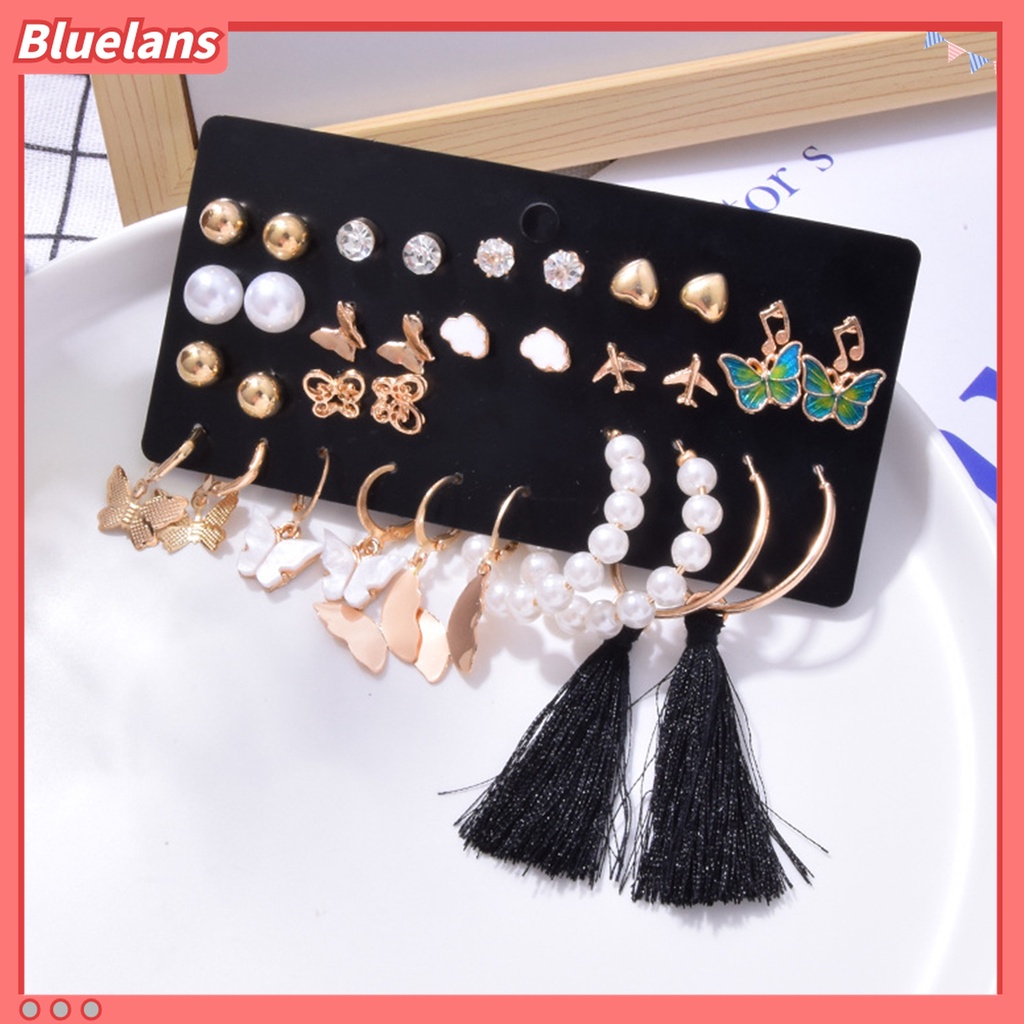 1 Set Anting Stud Rumbai Panjang Bentuk Kupu-Kupu Aksen Mutiara Imitasi Gaya Bohemian