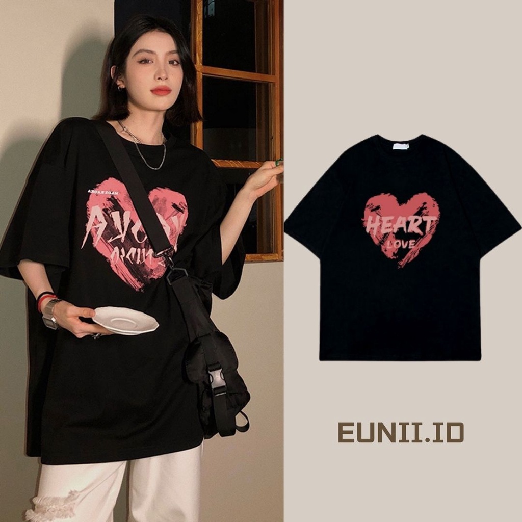 EUNII T-shirt Lengan Pendek surat cinta Pencetakan Longgar Korean Style/Kaos Atasan Wanita/Baju Kaus Oversize Wanita