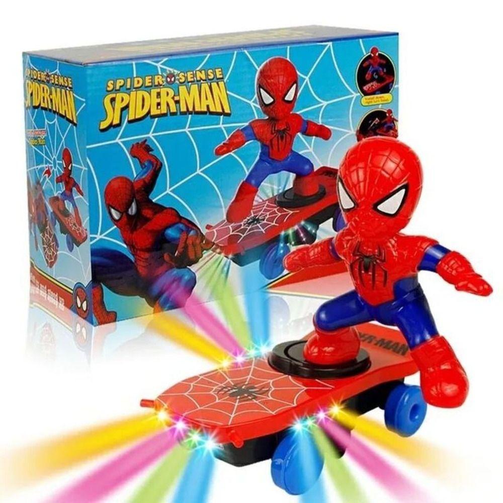 Needway   Spider-Man Mainan Musik Hadiah Ulang Tahun Marvel Acousto-optic Anime Action Figure Spider Man Model Mainan Mobil Mainan Stunt Scooters Flip Otomatis