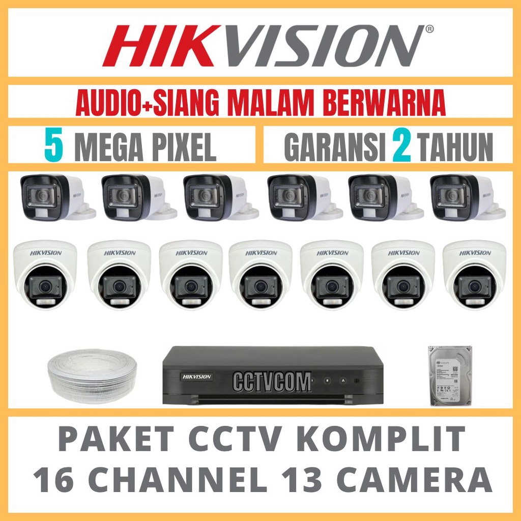 PAKET CCTV HIKVISION COLORVU 5MP 16 CHANNEL 13 CAMERA COLORFULL