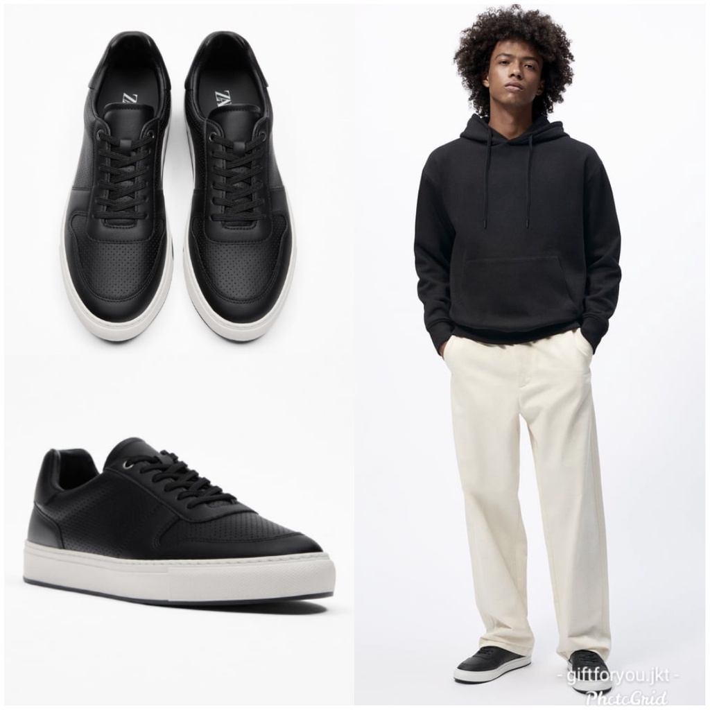 Sepatu Pria Zara Black Sneakers Cowok Laki-laki Man Shoes Sneaker Micro Perforated Plimsolls Hitam