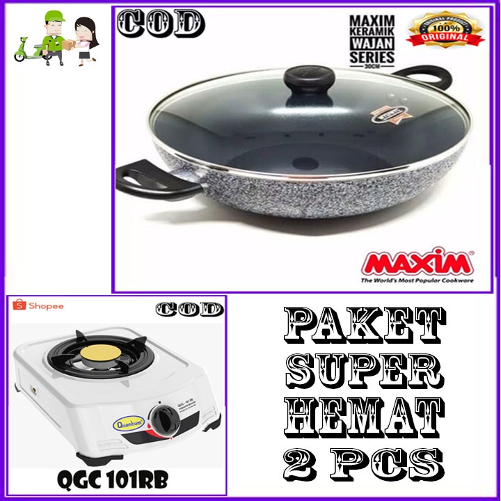 MAXIM CERAMIC WOK 30 CM TUTUP KACA ORI + KOMPOR QGC-101 RB BERGARANSI RESMI