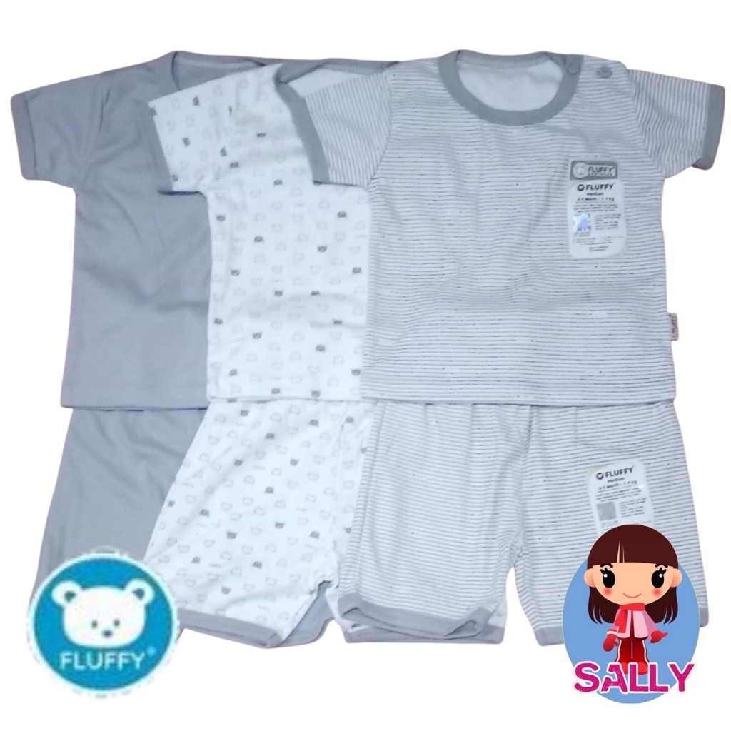 Fluffy S - 3 Setelan Baju Bayi 3-6 Bulan Oblong S Celana Pendek Motif Baby Laki Perempuan