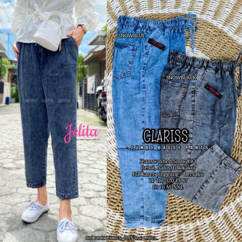 Clariss Baggy Pants Jumbo Variasi Bawah Kancing Saku Depan Belakang Bahan Jeans Premium | OUTFIT REMAJA OOTD KEKINIAN