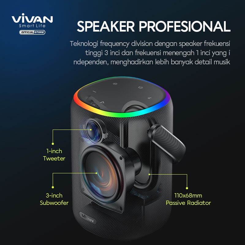 VIVAN VS50 Speaker Bluetooth 5.3 Ultra Bass Subwoofer 40W RGB Portable - Black