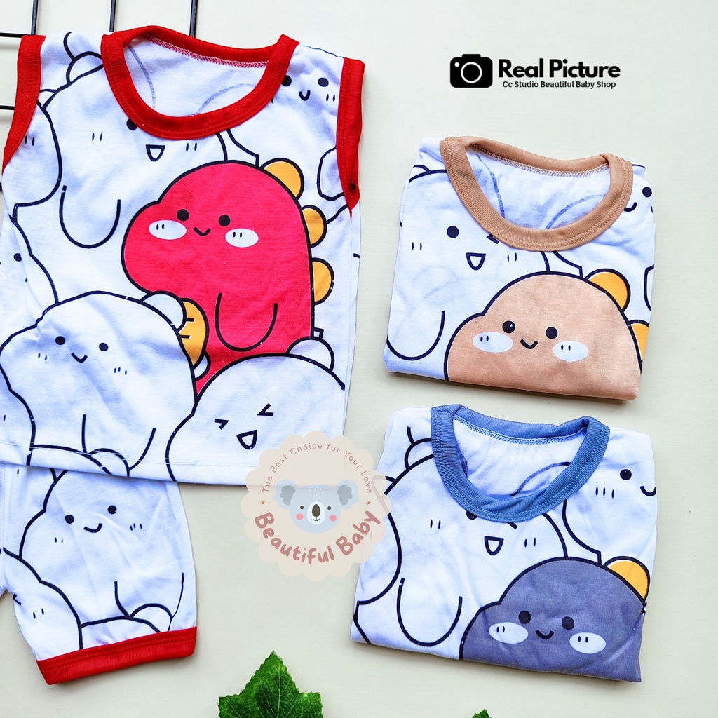 Setelan Baju Bayi Kutung 3-12 Bulan Motif Dinosaurus / Setelan Baju Bayi Singlet &amp; Celana Pendek / Kaos Oblong Bayi / Baby.ou